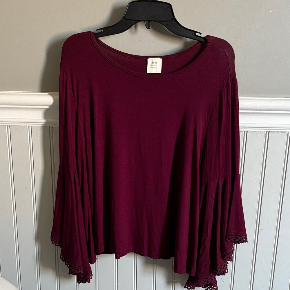 Good Luck Gem Deep Burgundy Blouse with Lace Cuffs